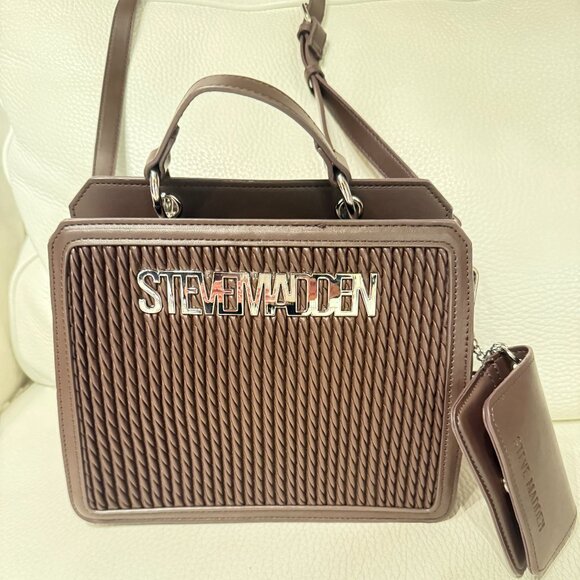 NWT STEVE MADDEN BEVELYN MATELASSE SATCHEL CROSSBODY BAG CREDIT CARD CASE BROWN - Picture 1 of 9